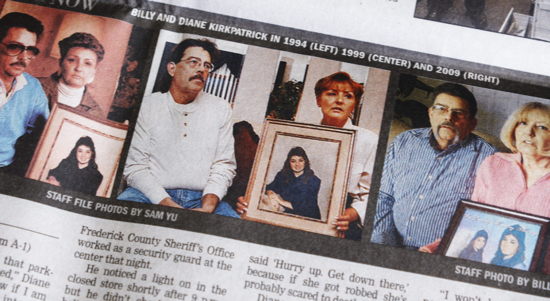 Bill and Diane Kirkpatrick holding up pictures of Tracey throughout the decades