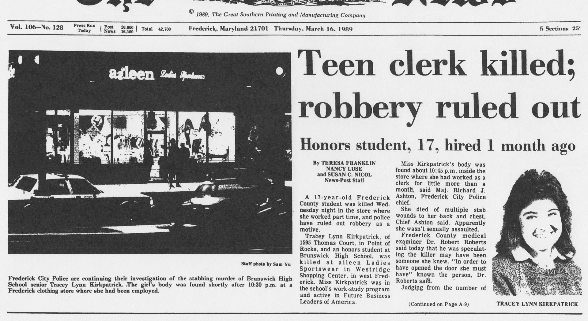 Breaking newspaper headline of Tracey's murder