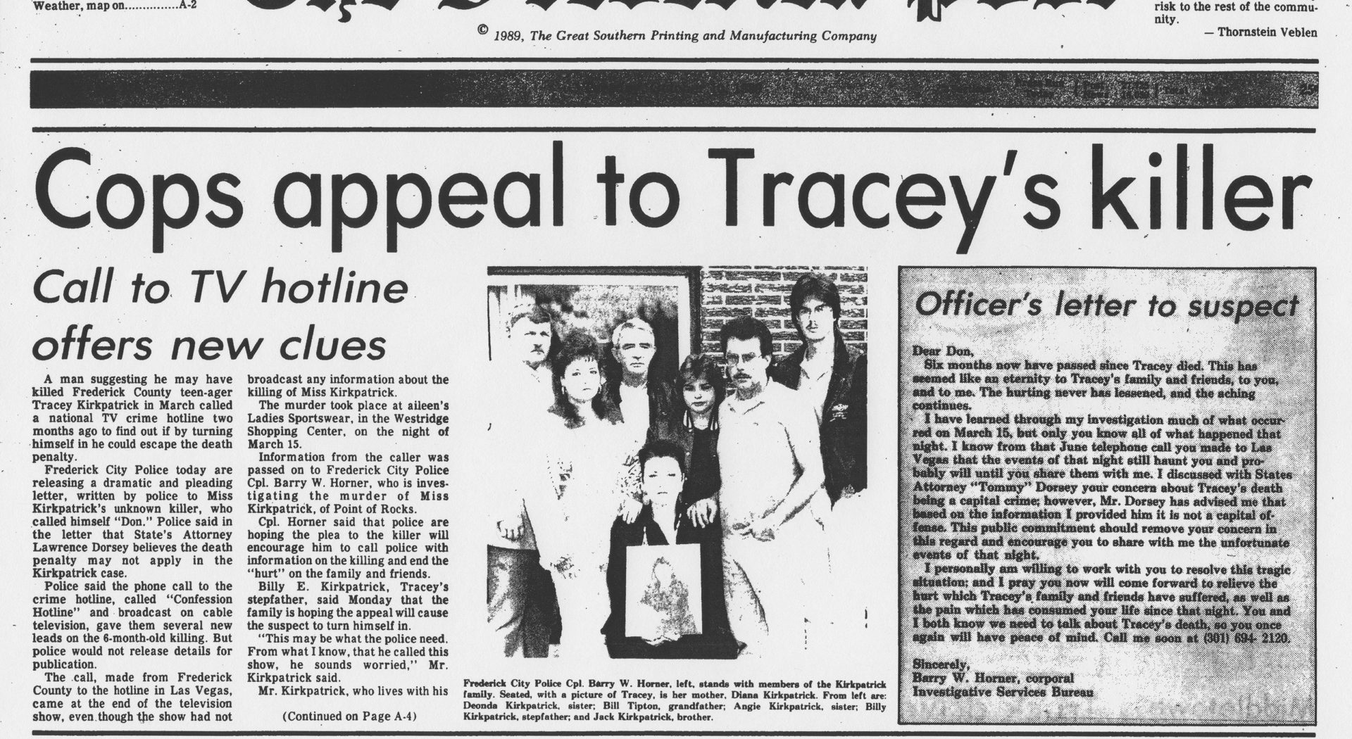 Newspaper headline pleading for Tracey's killer to come forward