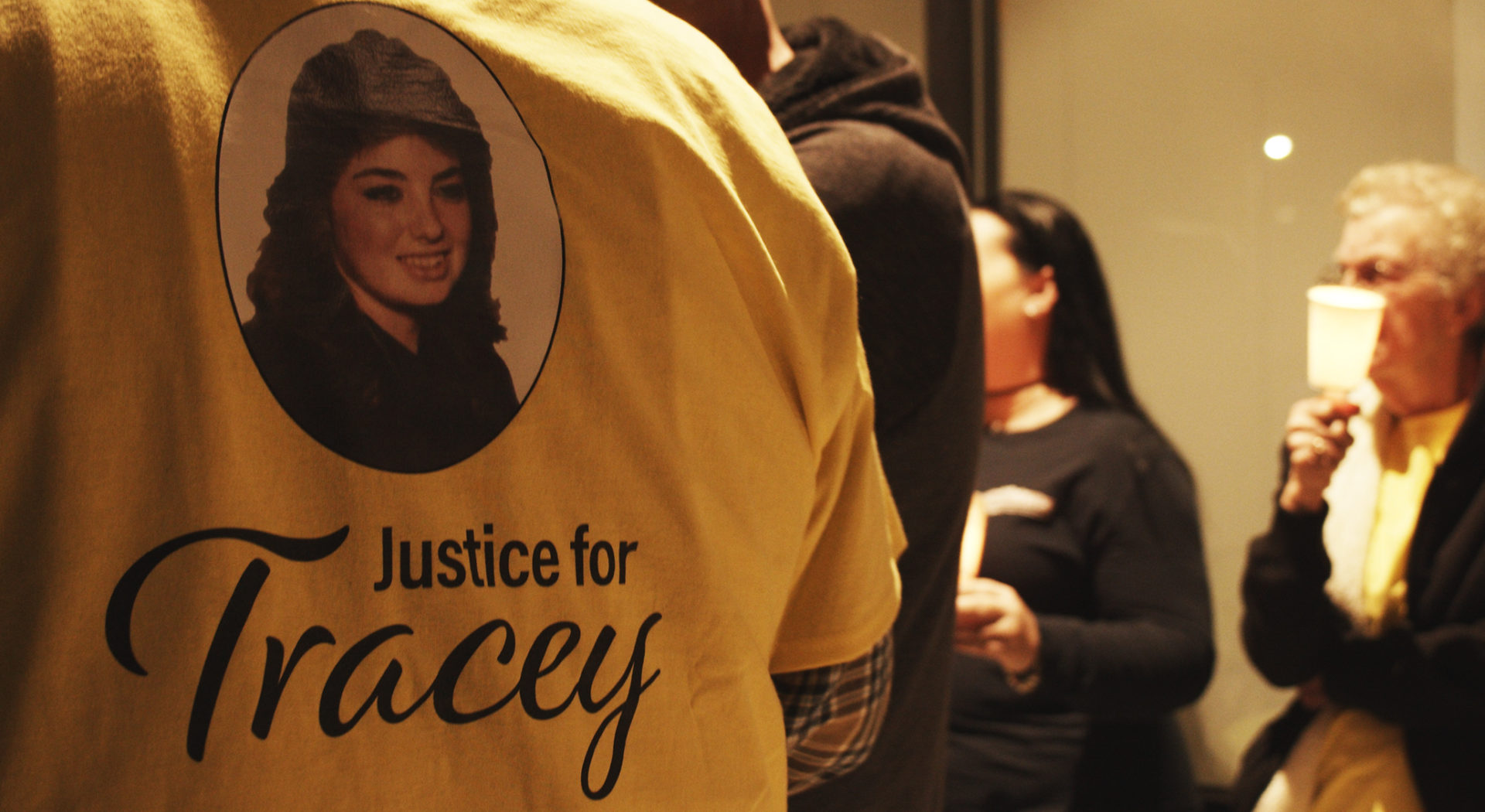 A family member wearing a Justice for Tracey t-shirt at the 30th anniversary vigil of her death